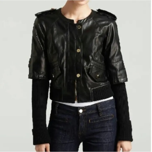 TORY BURCH Green Lambskin & Sweater-Sleeved Biker Jacket Sz XS - Picture 6 of 12